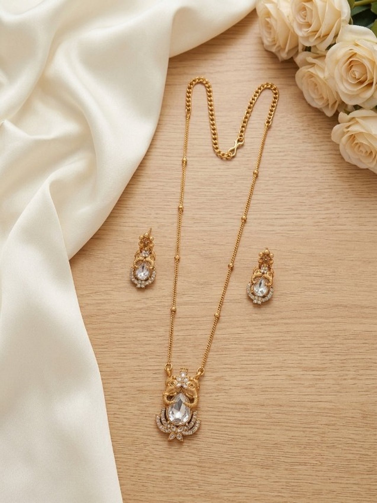 Jewel City Temple Jewelry Set With White Stone Pendant & Drop Earrings | Grocsy