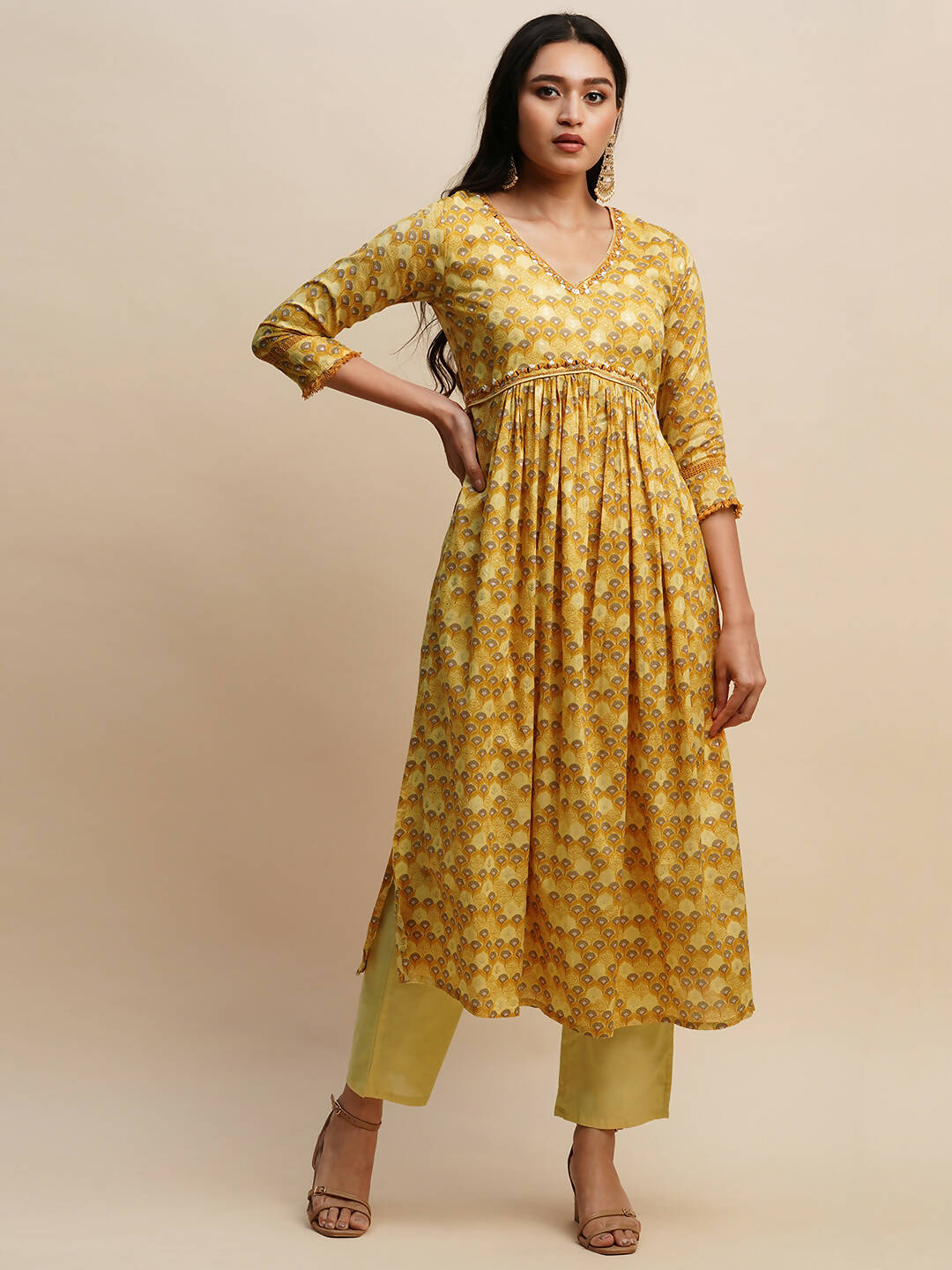 Mustard Pure Cotton Floral Printed Naira Cut Kurta And Bottom With Dupatta - Akashara | Grocsy