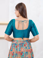 Joban Fashion Peacock-Blue Dupion Silk Elbow Sleeveless Front Open Blouse | Grocsy