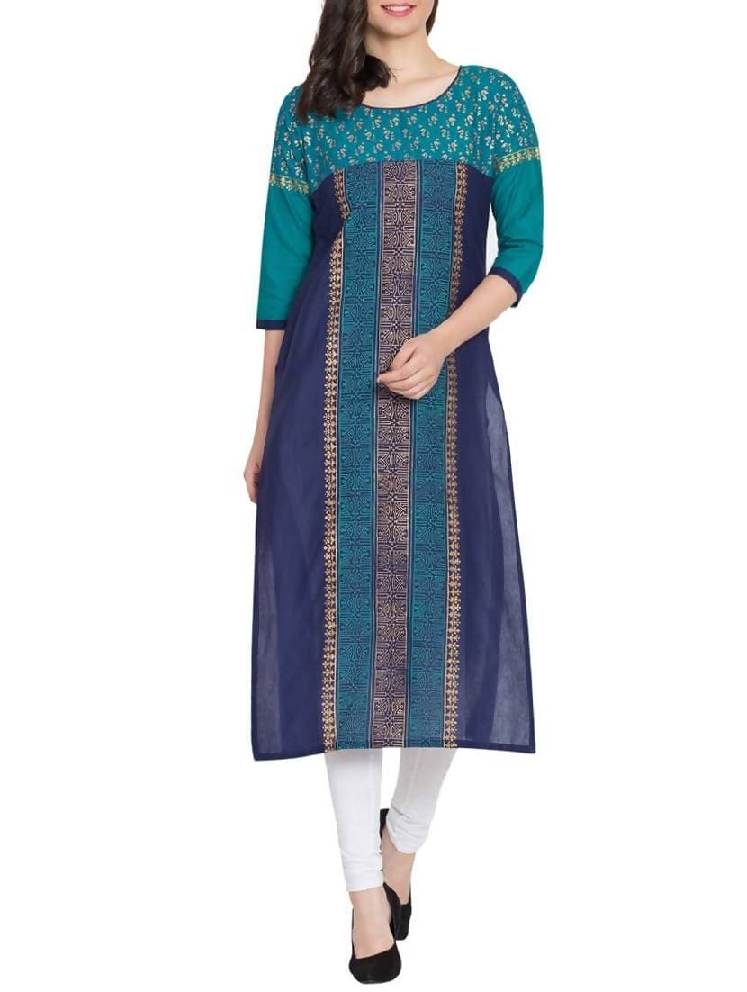 Cheera Hand Block Print Straight Kurta in Blue Color | Grocsy
