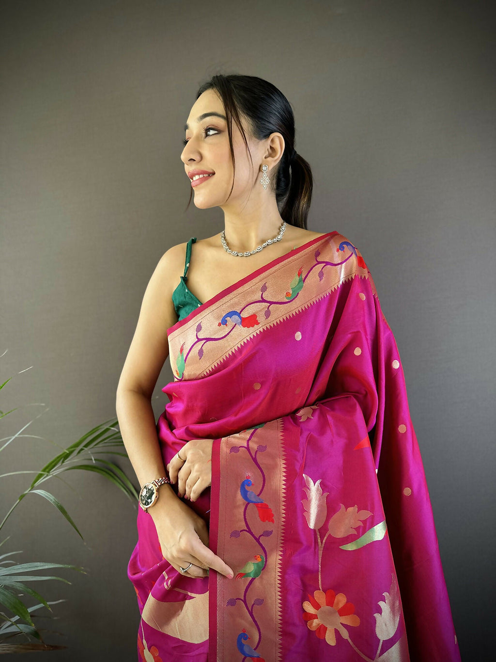 Joban Fashion Dark Pink Zari Woven Floral Motifs Soft Silk Paithani Silk Saree | Grocsy