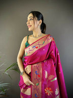 Joban Fashion Dark Pink Zari Woven Floral Motifs Soft Silk Paithani Silk Saree | Grocsy