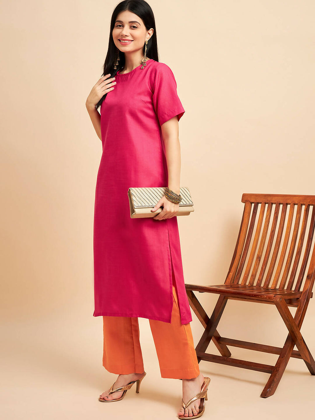 Pink Polyester solid Kurta with Palazzos - Vishwa | Grocsy