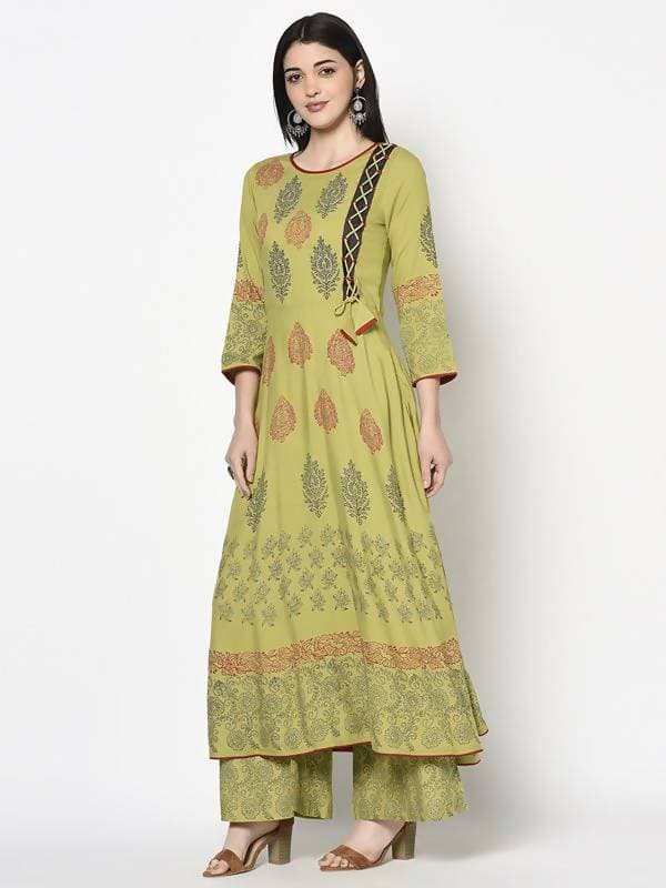Aniyah Rayon Parrot Green Color Block Print Anarkali Palazzo Set (AN-194K) | Grocsy