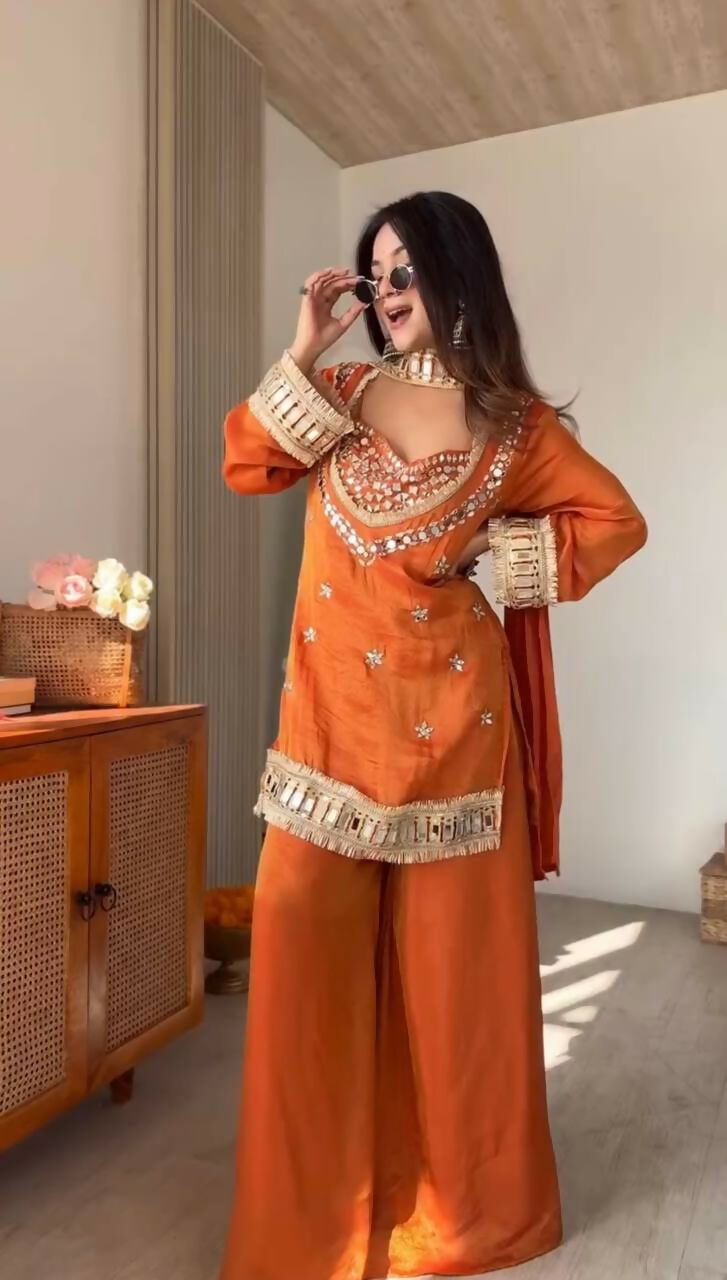 Teeya Creation New Trendy Stylish Real Mirror Work With Lace Border Orange Kurta Set | Grocsy