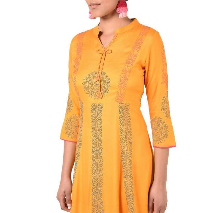 Aniyah Rayon Floral Print Anarkali Kurta In Mustard (AN-164K) | Grocsy