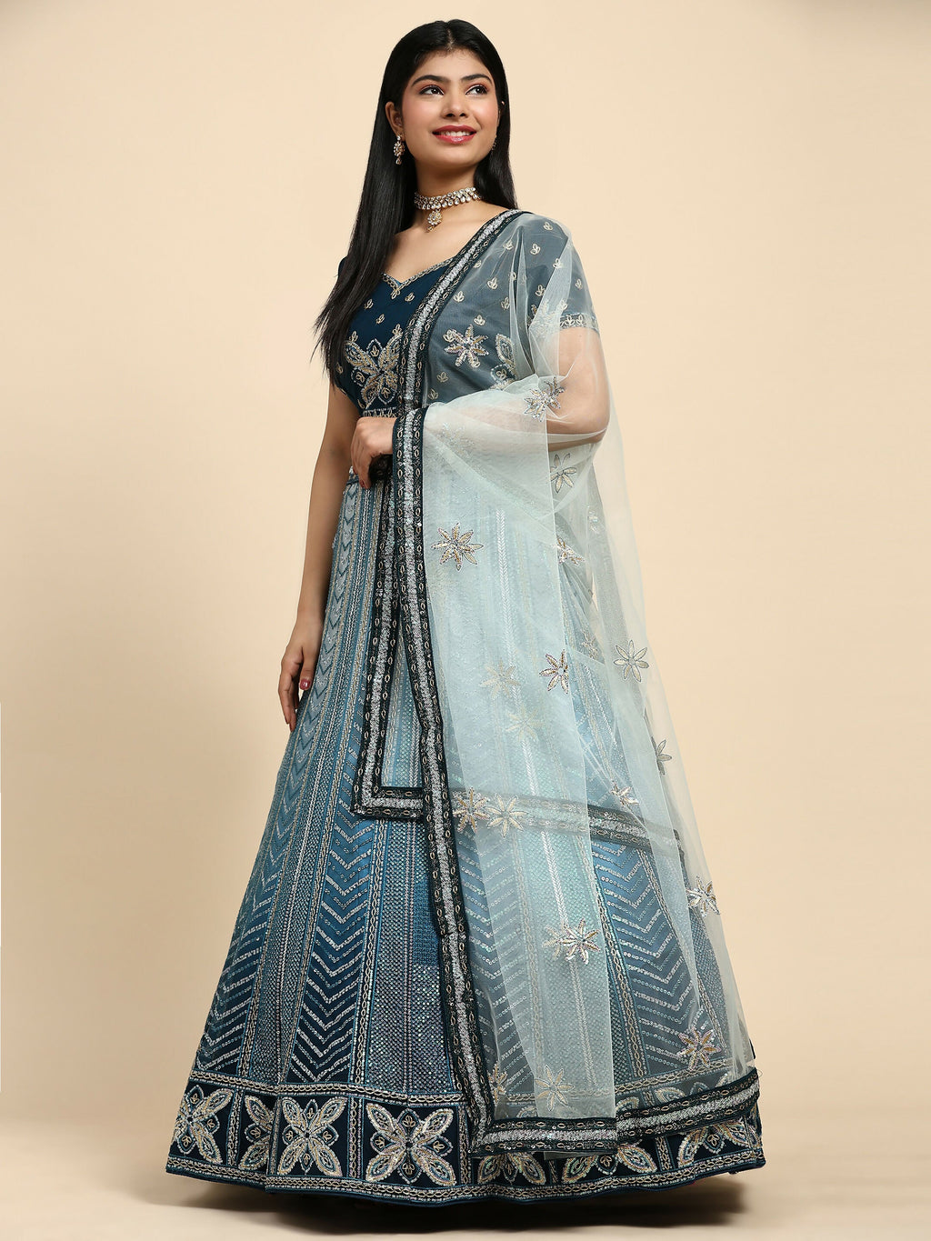 Blue Fancy Net Sequence Embroidered Lehenga Choli with Dupatta - Dhara | Grocsy