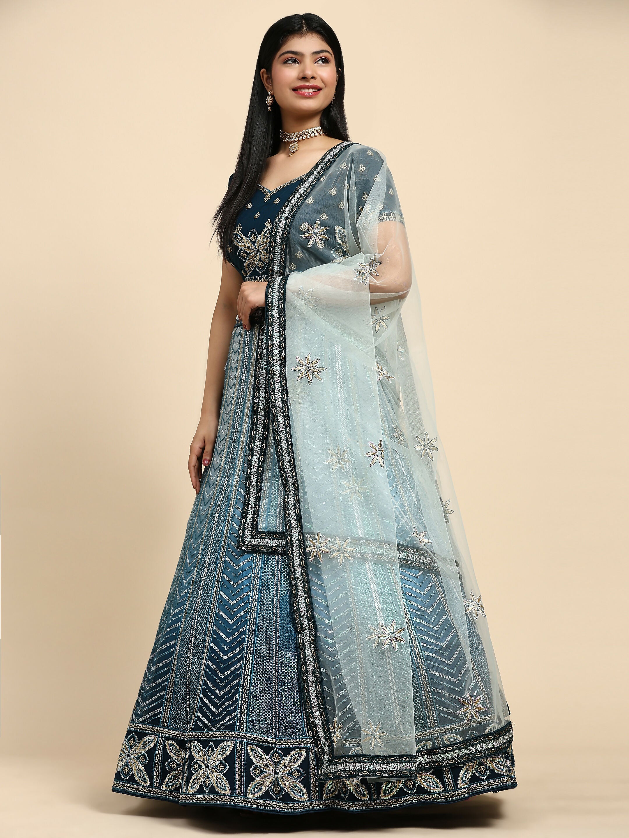 Blue Fancy Net Sequence Embroidered Lehenga Choli with Dupatta - Dhara | Grocsy