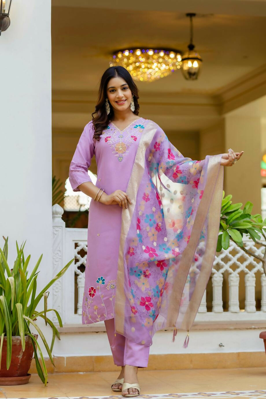 The52 Lavender Women's Gorgeous Embroidered work Viscose Gadhwal Fabric Straight Kurta, Pant and Dupatta Set | Grocsy
