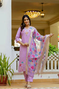 The52 Lavender Women's Gorgeous Embroidered work Viscose Gadhwal Fabric Straight Kurta, Pant and Dupatta Set | Grocsy