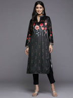 Ahalyaa Women Black & Red Floral Printed Gotta Patti Floral Velvet Kurta | Grocsy