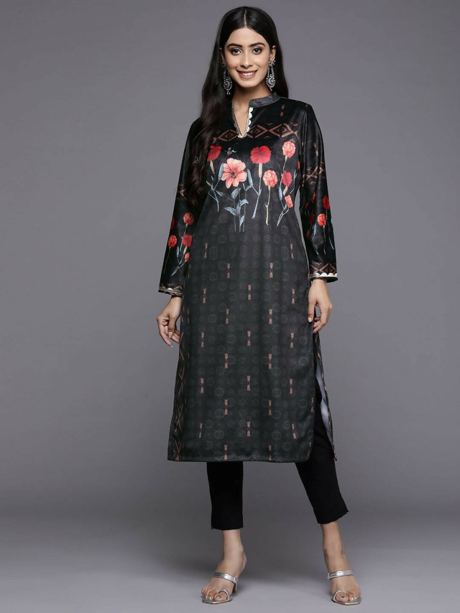 Ahalyaa Women Black & Red Floral Printed Gotta Patti Floral Velvet Kurta | Grocsy