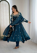 Teeya Creation Morepeach Color Crunchy Silk Embroidery Work Wedding Wear Gown | Grocsy