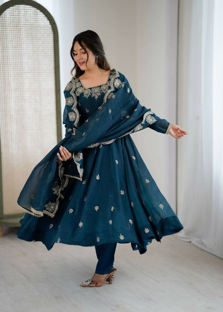 Teeya Creation Morepeach Color Crunchy Silk Embroidery Work Wedding Wear Gown | Grocsy