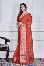 Morchari Red Script Printed Orzanga Saree Unstitched Blouse | Grocsy