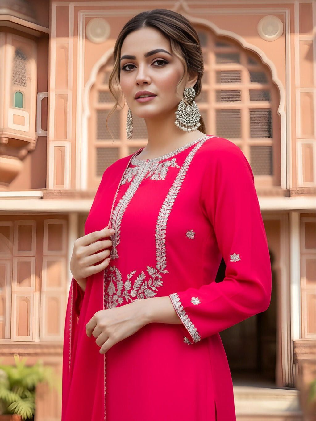 The52 Women's Gorgeous Embroidery Work Viscose Silk Fabric Straight Kurta Palazzo and Dupatta Set-Red | Grocsy