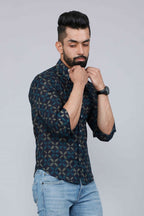 Miravan Men's Blue Floral Print Slim Fit Shirt with Patch Pocket | Grocsy
