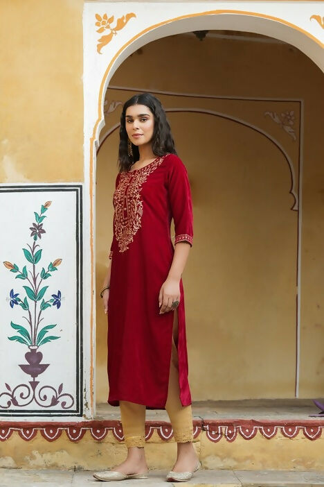 Juniper Maroon Ethnic Motif Printed Velvet Straight Kurta With Zari Work Embroidery | Grocsy