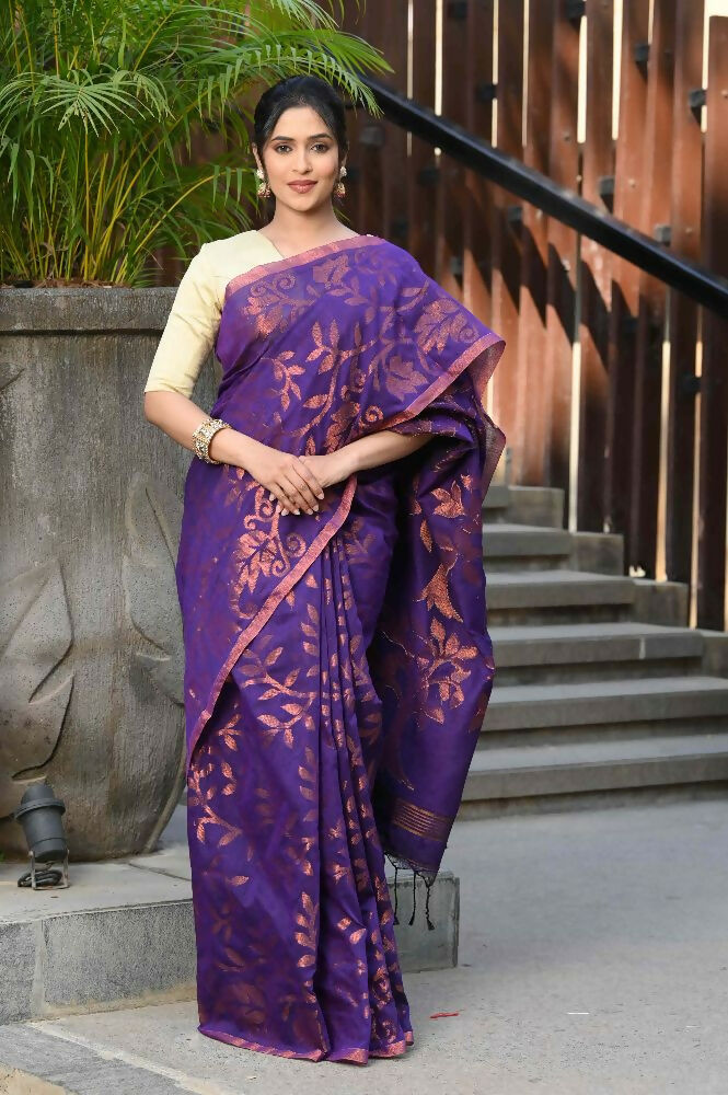Beatitude Purple Cotton Floral Jamdani Saree | Grocsy