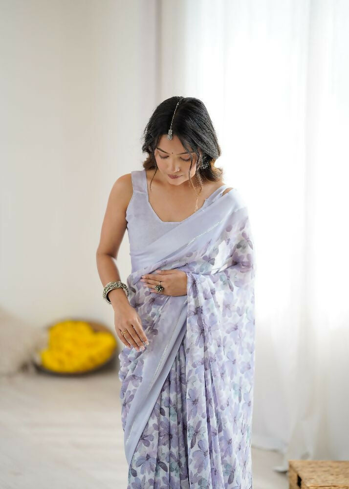PR Fashion Light_Purple Bright Moss Satin Patta Printed Saree | Grocsy