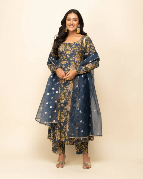 FIORRA Women's Navy Blue Cotton A-Line Kurta Pant With Dupatta | Grocsy