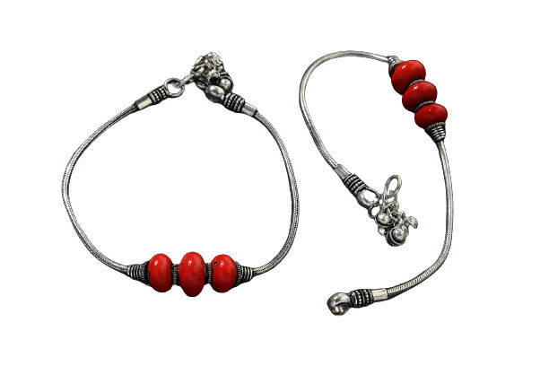 Mominos Fashion Kamal Johar Oxidised Silver With Red Beads Anklets | Grocsy