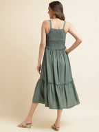 Green Cotton Solid Flared Dress with Printed Shrug - Yukti | Grocsy