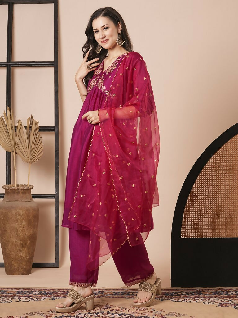 Pink Vichitra Silk Embroidery Work Kurta Set - Riya | Grocsy