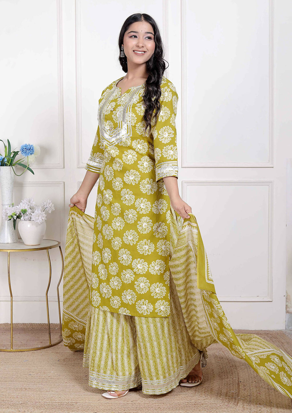 Miravan Women's Lime Yellow Embroidered Straight Kurta with Palazzo and Dupatta | Grocsy