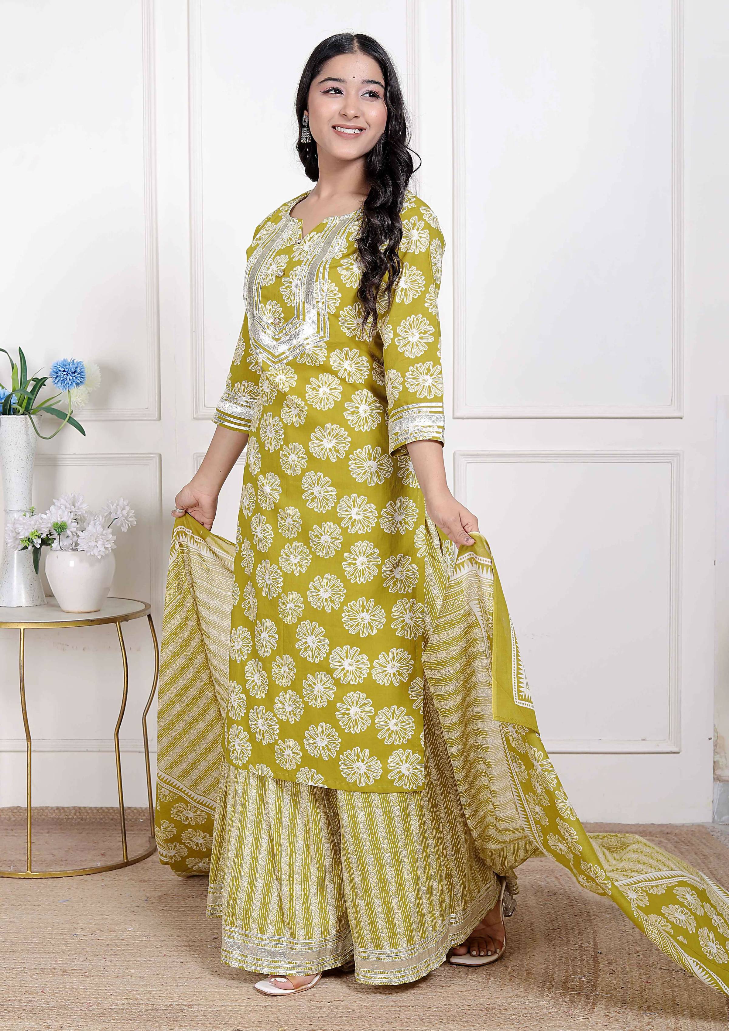 Miravan Women's Lime Yellow Embroidered Straight Kurta with Palazzo and Dupatta | Grocsy