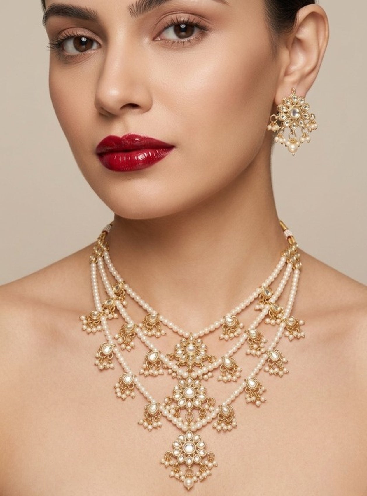 Jewel City Traditional Kundan & Pearl Layered Necklace Set - Handcrafted Ethnic Jewellery for Weddings | Grocsy