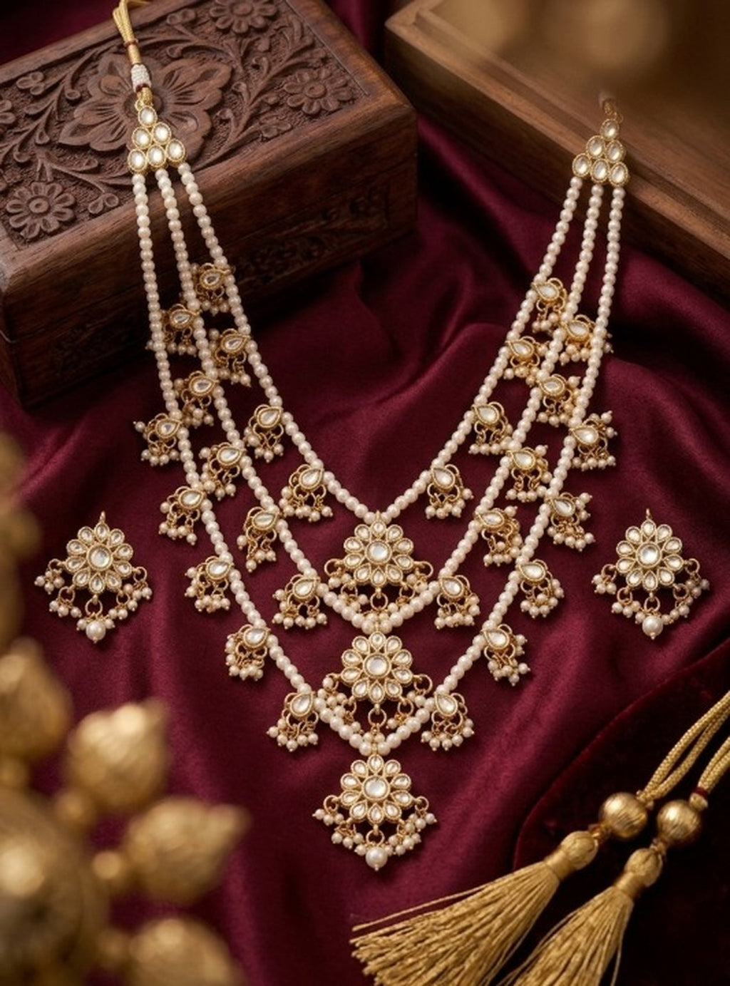 Jewel City Traditional Kundan & Pearl Layered Necklace Set - Handcrafted Ethnic Jewellery for Weddings | Grocsy