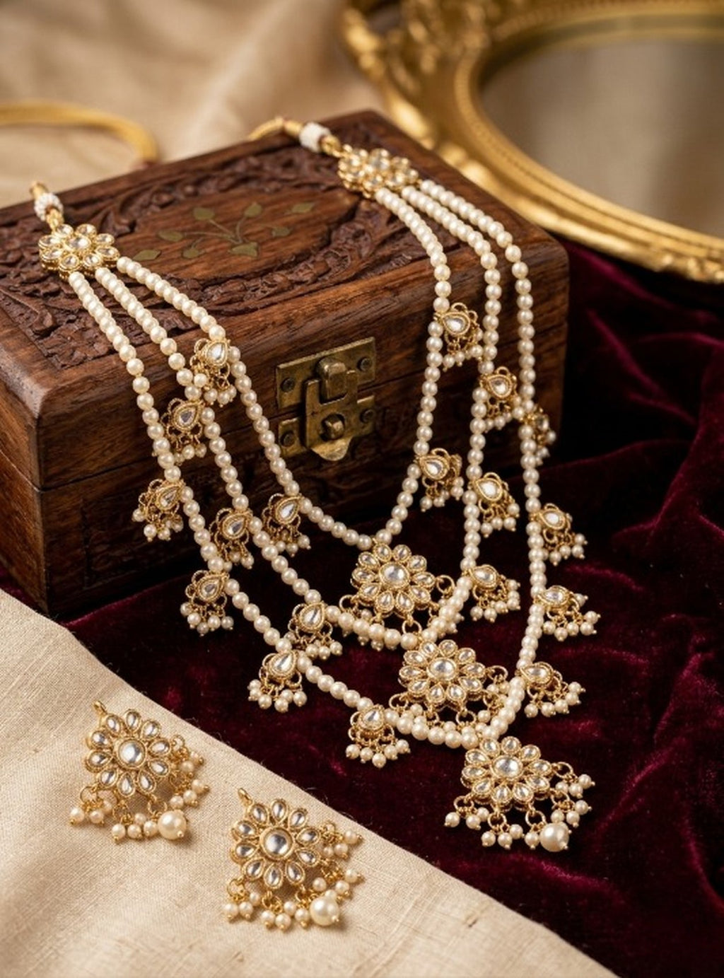 Jewel City Traditional Kundan & Pearl Layered Necklace Set - Handcrafted Ethnic Jewellery for Weddings | Grocsy