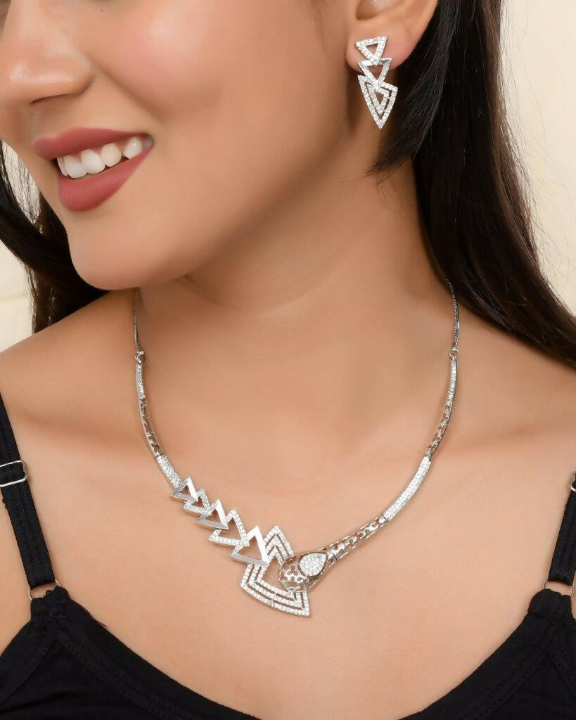 VOJ Silver Plated AD Studded Designer Handcrafted Jewellery Set | Grocsy
