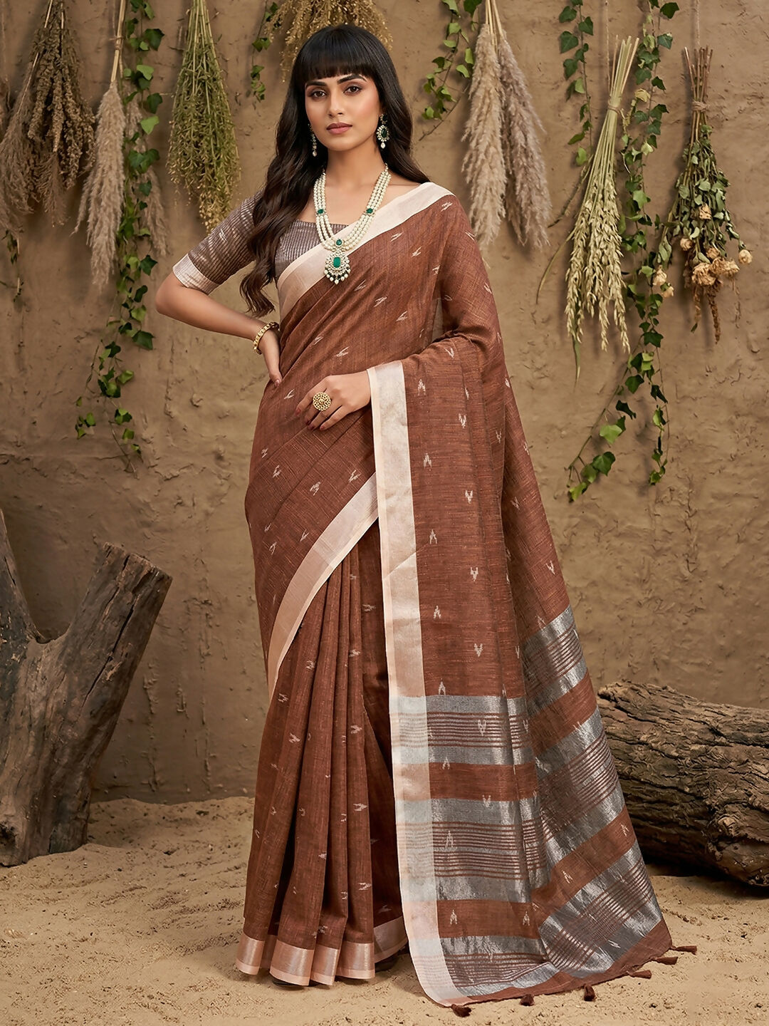 Shree Shyam Fashion Brown Linen Cotton Saree | Grocsy