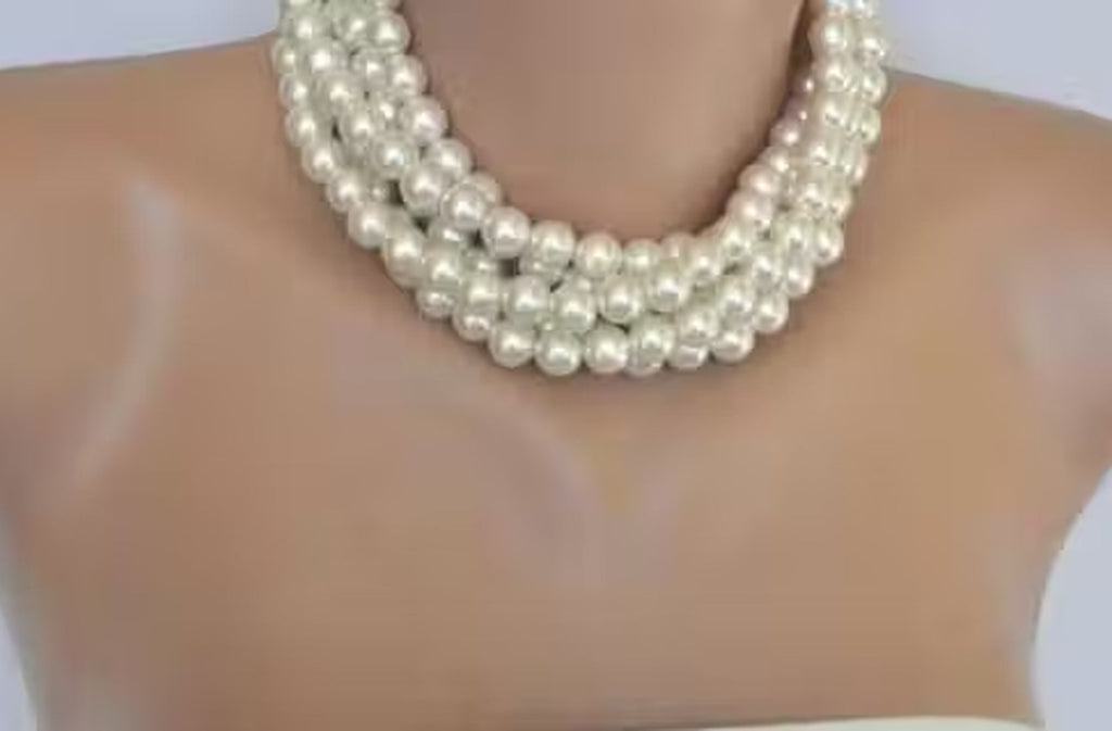 Jewel City White Multi-Strand Pearl Choker Necklace Set | Grocsy