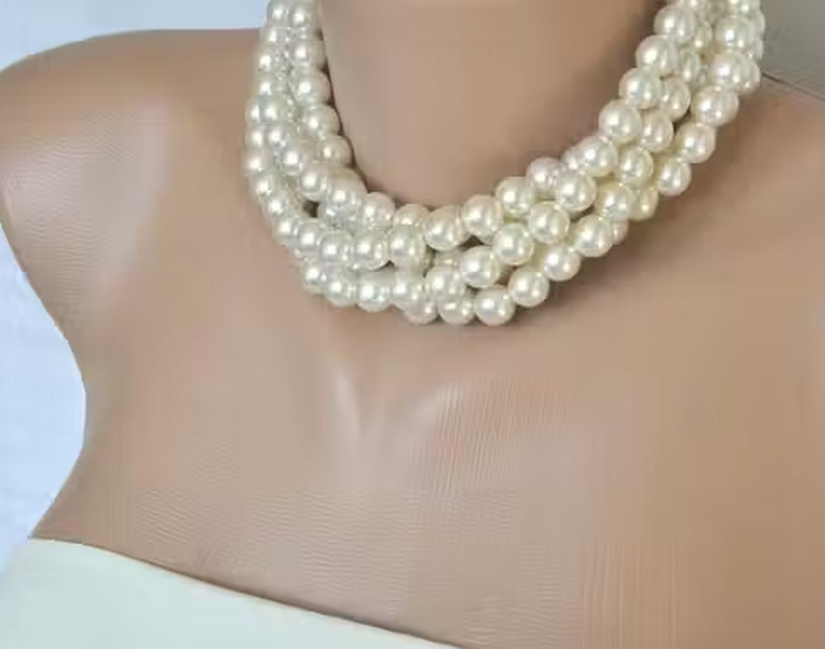 Jewel City White Multi-Strand Pearl Choker Necklace Set | Grocsy