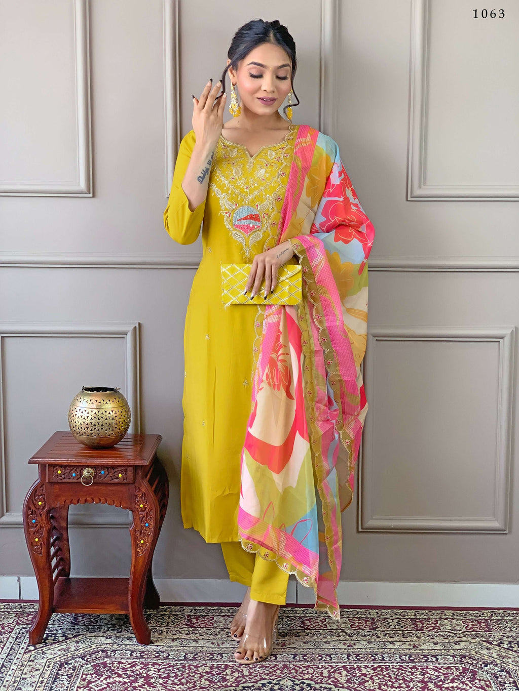 PartywearDesigner Viscose Yellow Stitched Suit With Dupatta - Tanisha | Grocsy