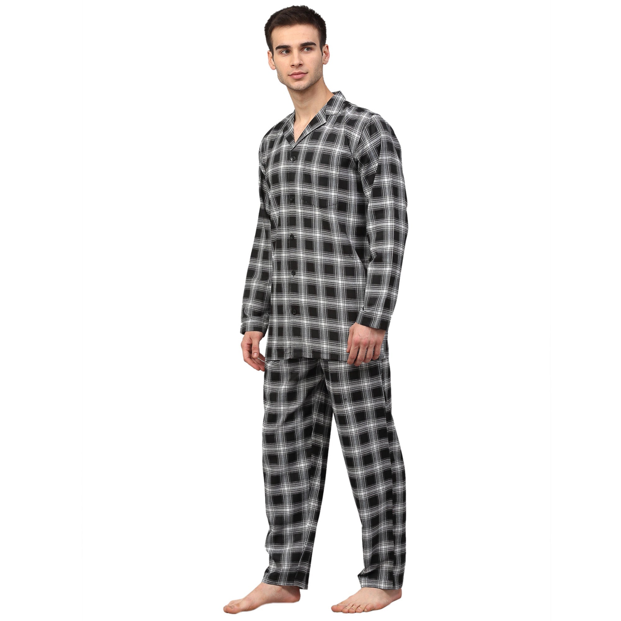 Jainish Men Black & White Checked Night suit | Grocsy