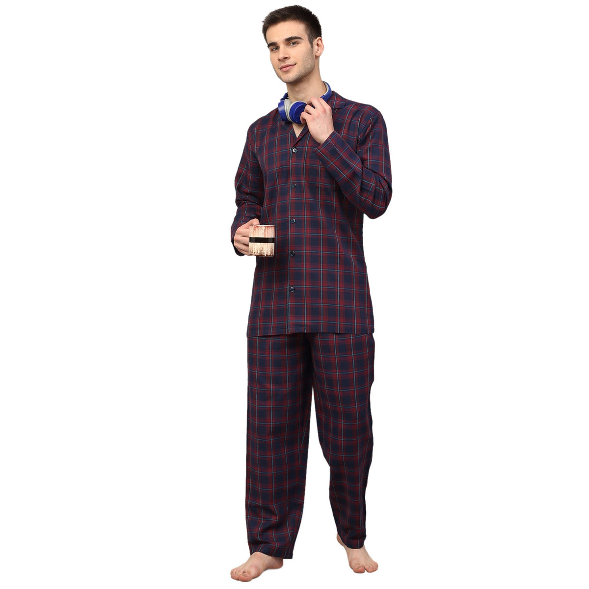 Jainish Men's Blue Checked Night Suits ( GNS 001Blue-Red ) | Grocsy