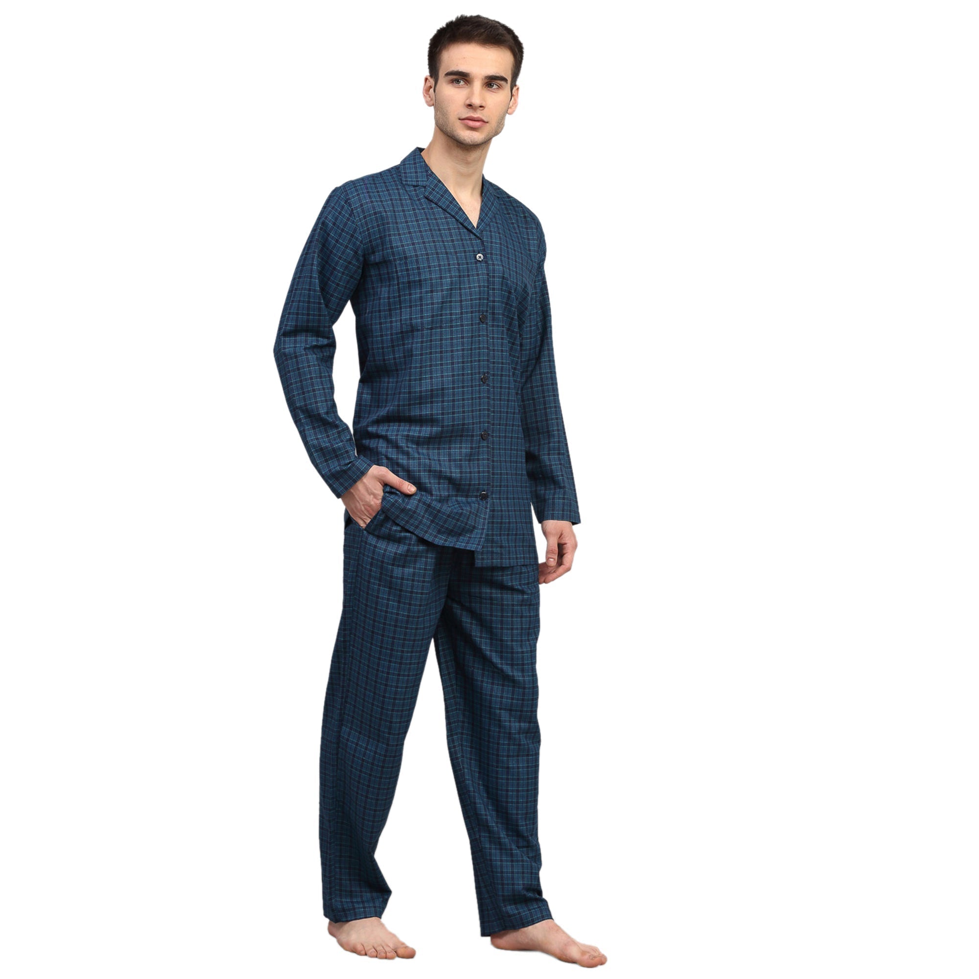Jainish Men's Blue Checked Night Suits ( GNS 001Blue ) | Grocsy