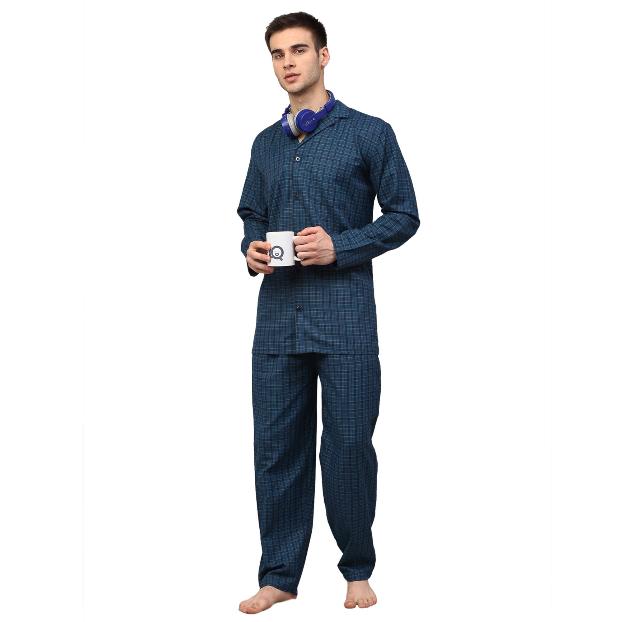 Jainish Men's Blue Checked Night Suits ( GNS 001Blue ) | Grocsy