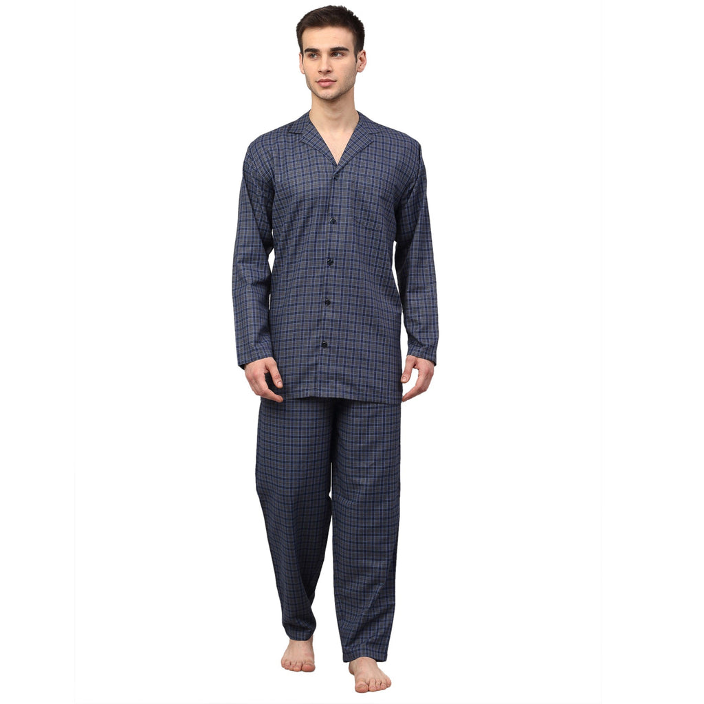 Jainish Men's Navy Blue Checked Night Suits ( GNS 001Navy-Grey ) | Grocsy