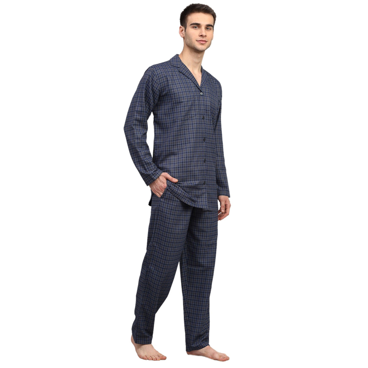 Jainish Men's Navy Blue Checked Night Suits ( GNS 001Navy-Grey ) | Grocsy