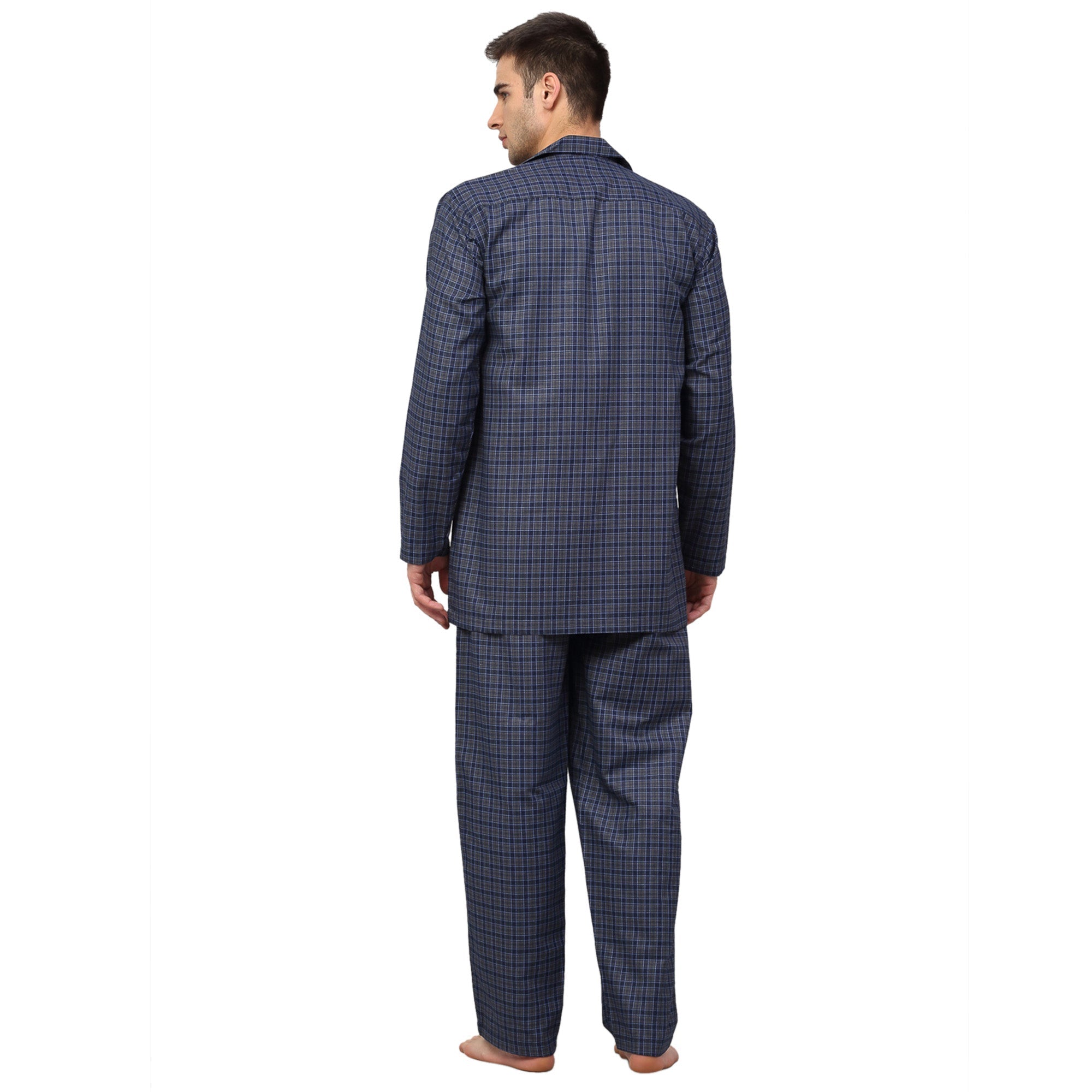 Jainish Men's Navy Blue Checked Night Suits ( GNS 001Navy-Grey ) | Grocsy
