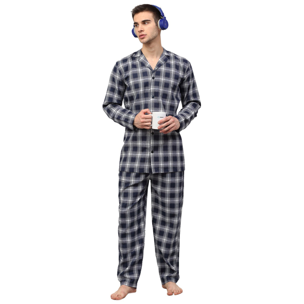 Jainish Men's Navy Blue Checked Night Suits ( GNS 001Navy-White ) | Grocsy