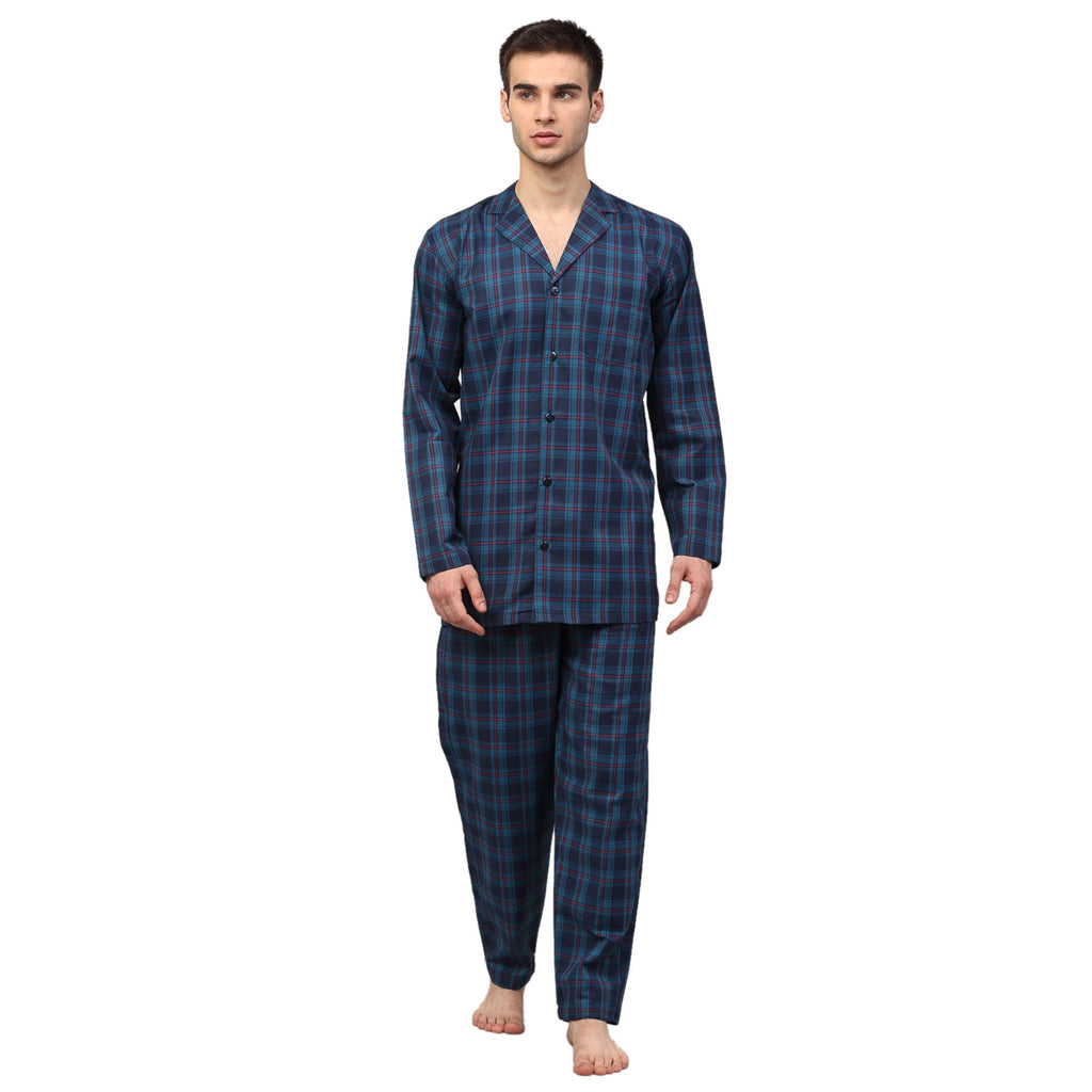 Jainish Men's Navy Blue Checked Night Suits ( GNS 001Navy ) | Grocsy