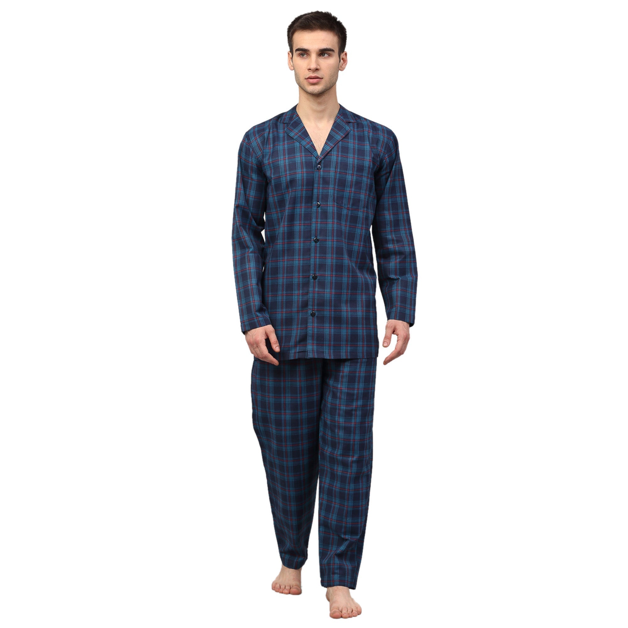 Jainish Men's Navy Blue Checked Night Suits ( GNS 001Navy ) | Grocsy