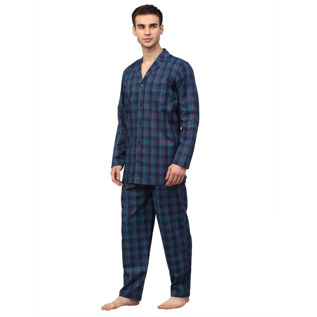 Jainish Men's Navy Blue Checked Night Suits ( GNS 001Navy ) | Grocsy