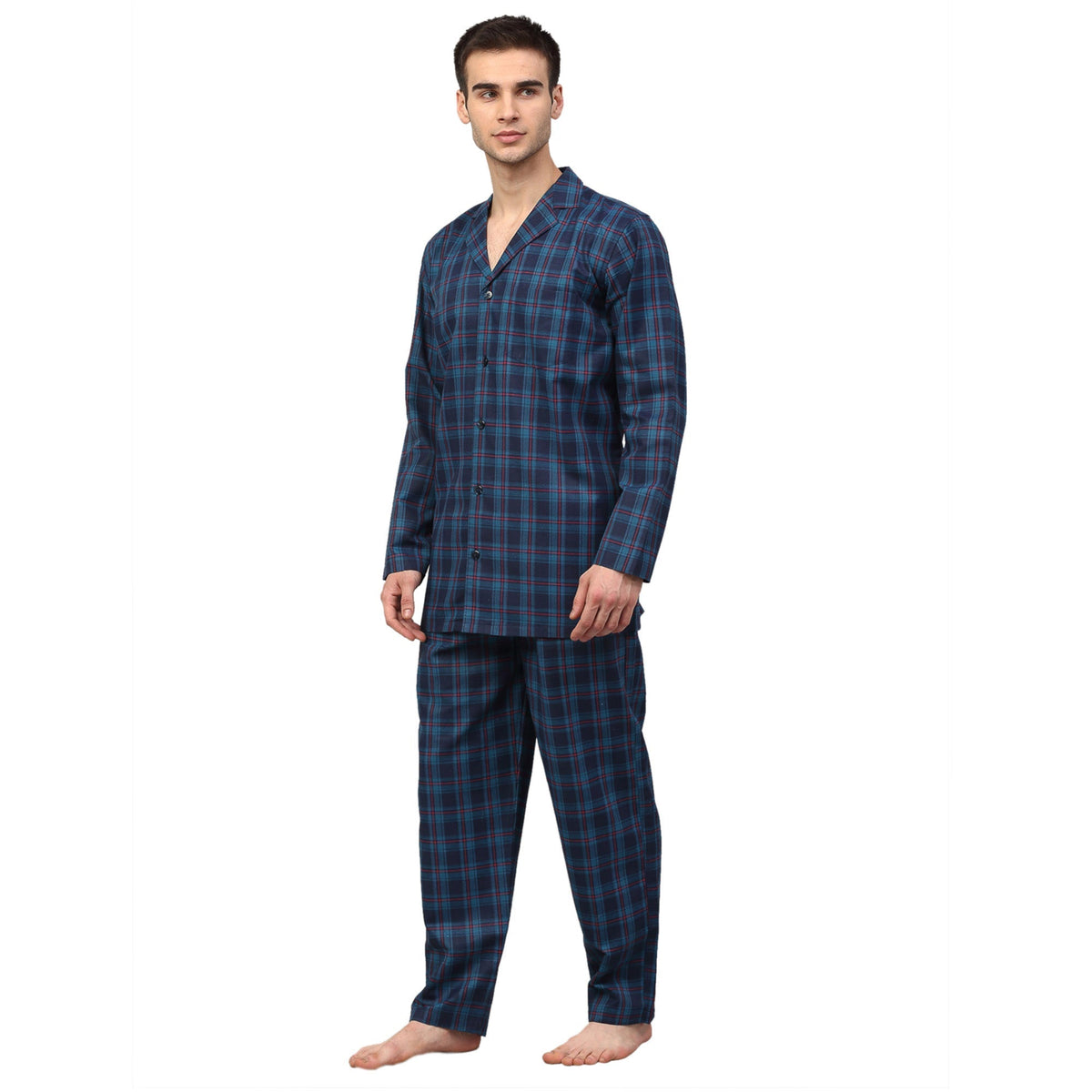 Jainish Men's Navy Blue Checked Night Suits ( GNS 001Navy ) | Grocsy